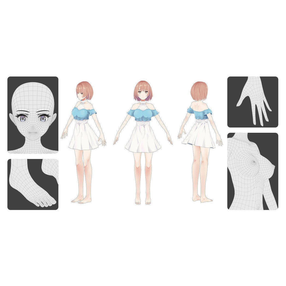 Anime Female Base Mesh Age Kit - Low-Poly Game-Ready 3D Model - View 3