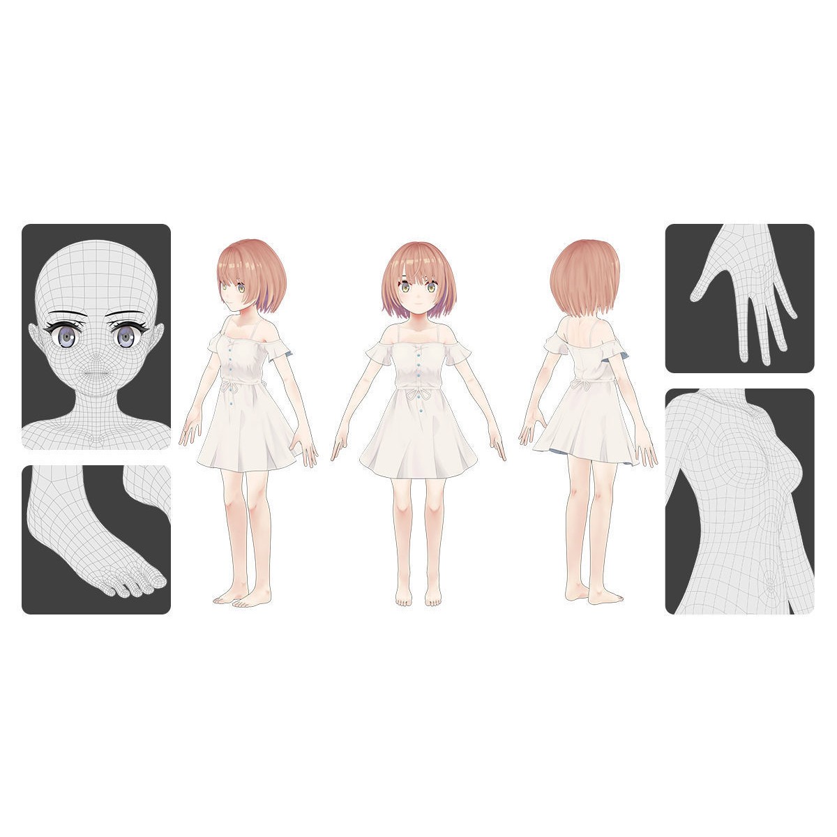 Anime Female Base Mesh Age Kit - Low-Poly Game-Ready 3D Model - View 5