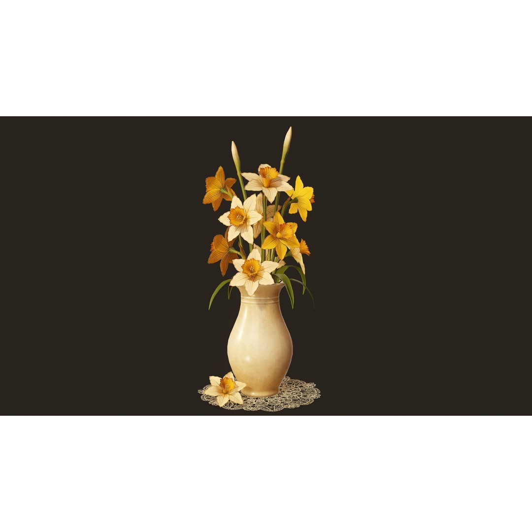 Daffodils 3D Model – Low Poly PBR Flower Bouquet, FBX, Game Ready - View 3
