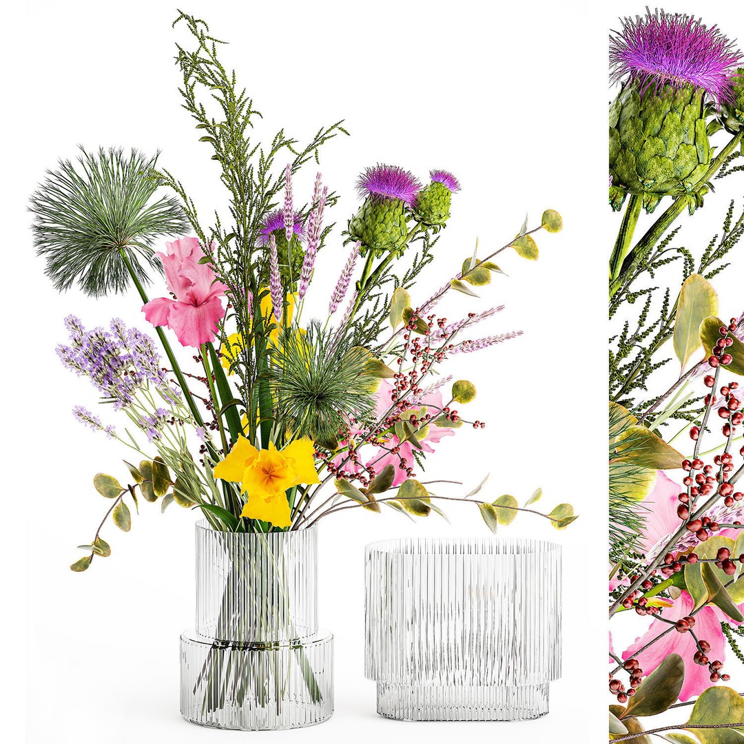 Bouquet of Flowers 3D Model – Decorative Glass Vase, PBR Textures - View 8