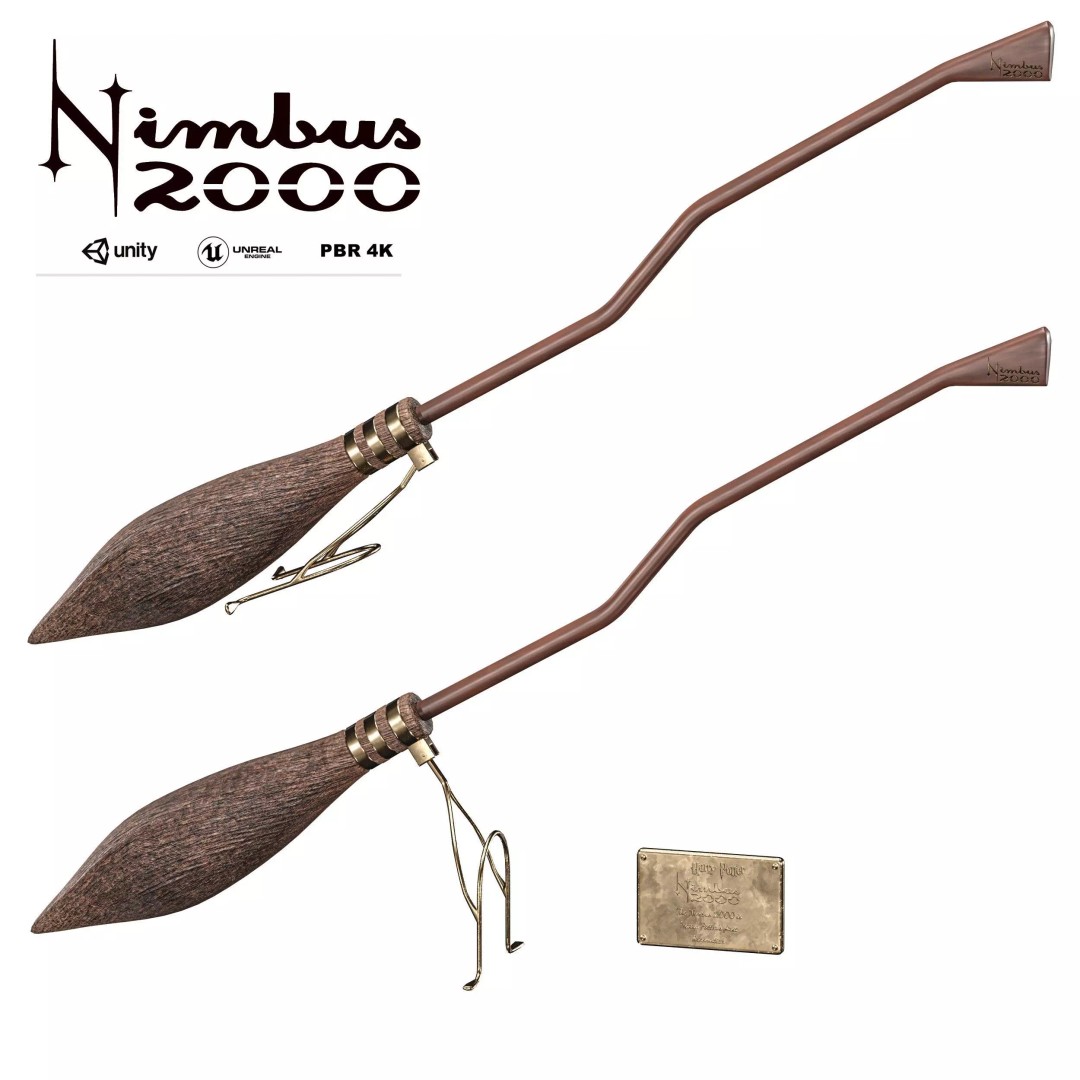 Nimbus 2000 Flying Broom 3D Model – Low Poly PBR Game Asset, FBX - View 2