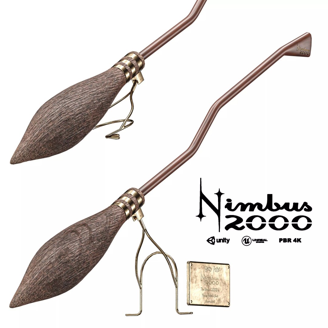 Nimbus 2000 Flying Broom 3D Model – Low Poly PBR Game Asset, FBX - View 3