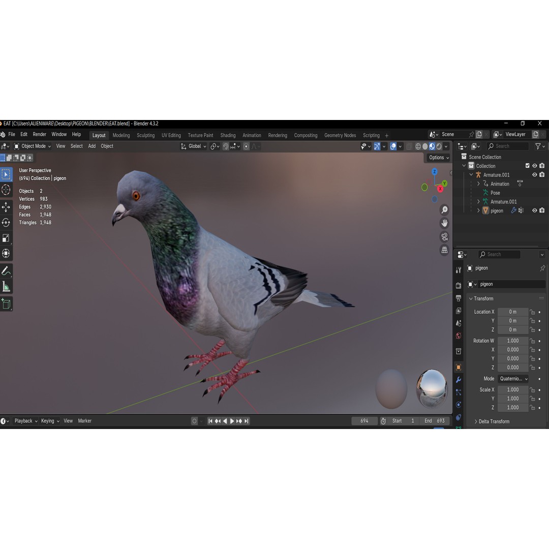 Pigeon 3D Model – Animated Low Poly Rigged Character, FBX, OBJ - View 11