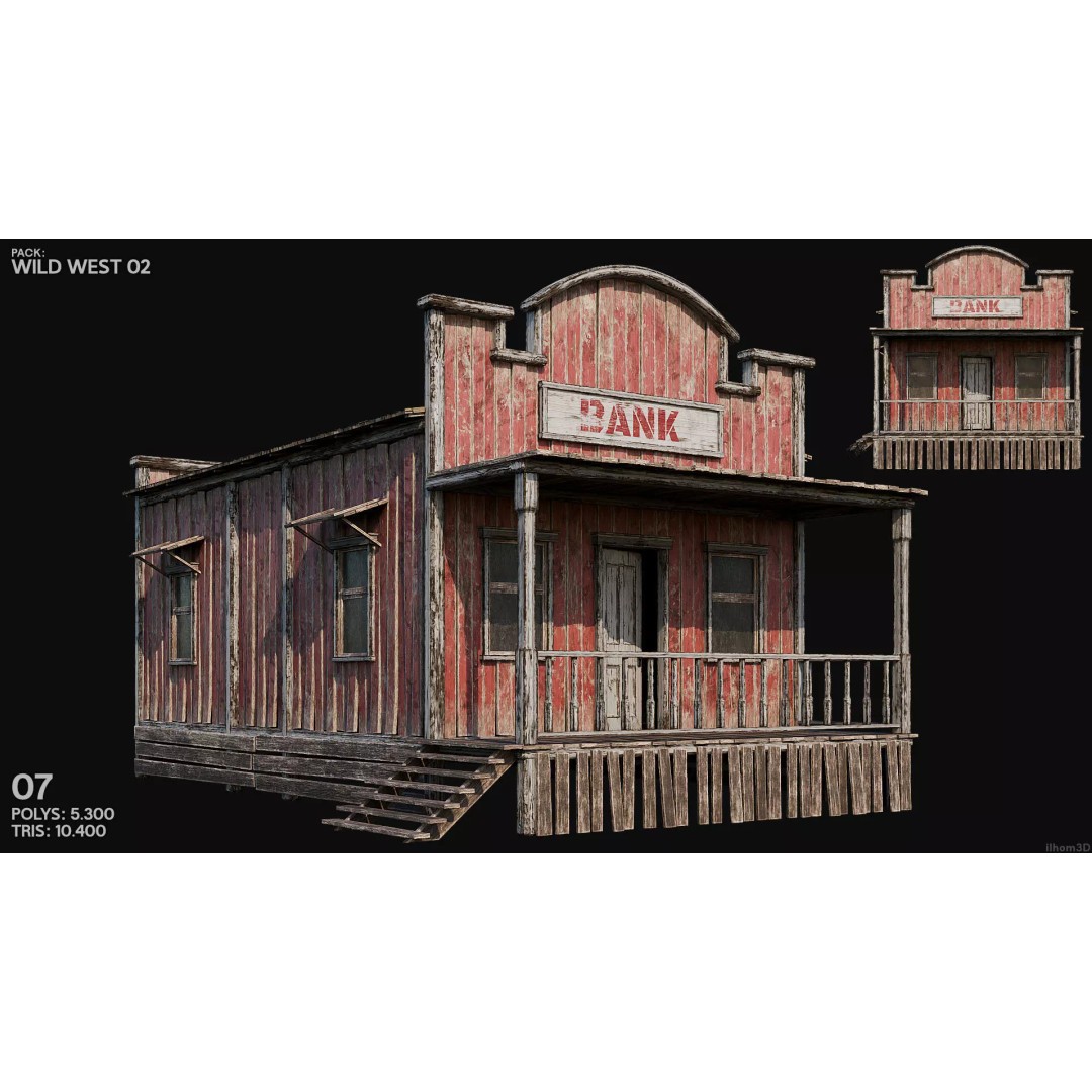 Wild West Buildings 3D Model – Low Poly Historic Set with PBR Textures - View 10