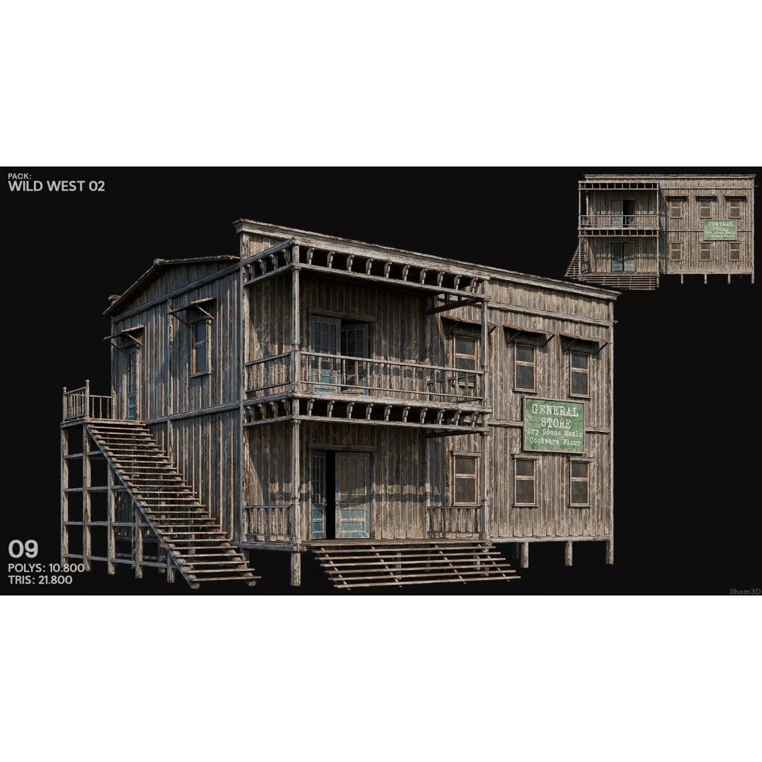 Wild West Buildings 3D Model – Low Poly Historic Set with PBR Textures - View 12