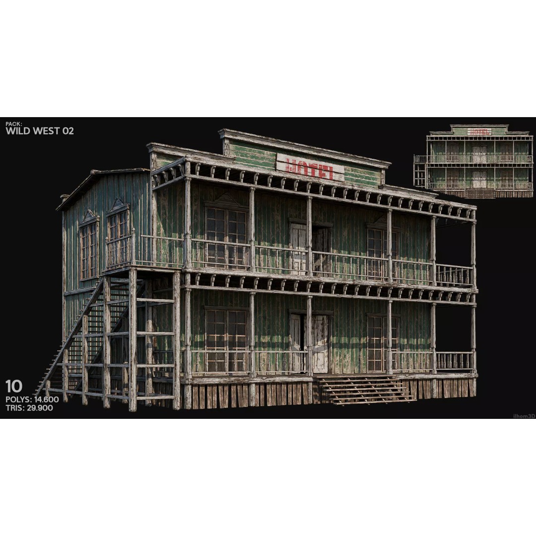 Wild West Buildings 3D Model – Low Poly Historic Set with PBR Textures - View 13