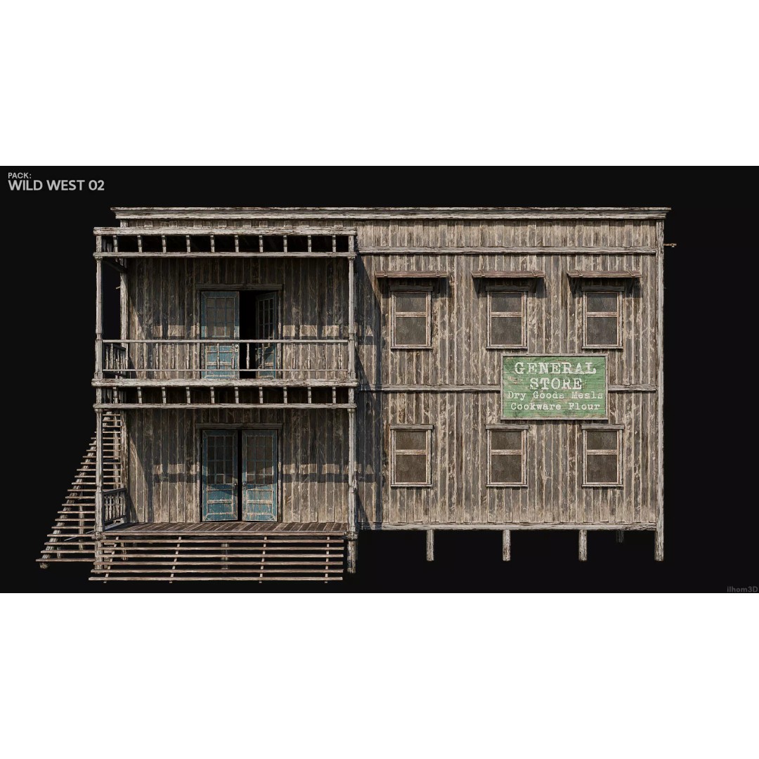 Wild West Buildings 3D Model – Low Poly Historic Set with PBR Textures - View 23
