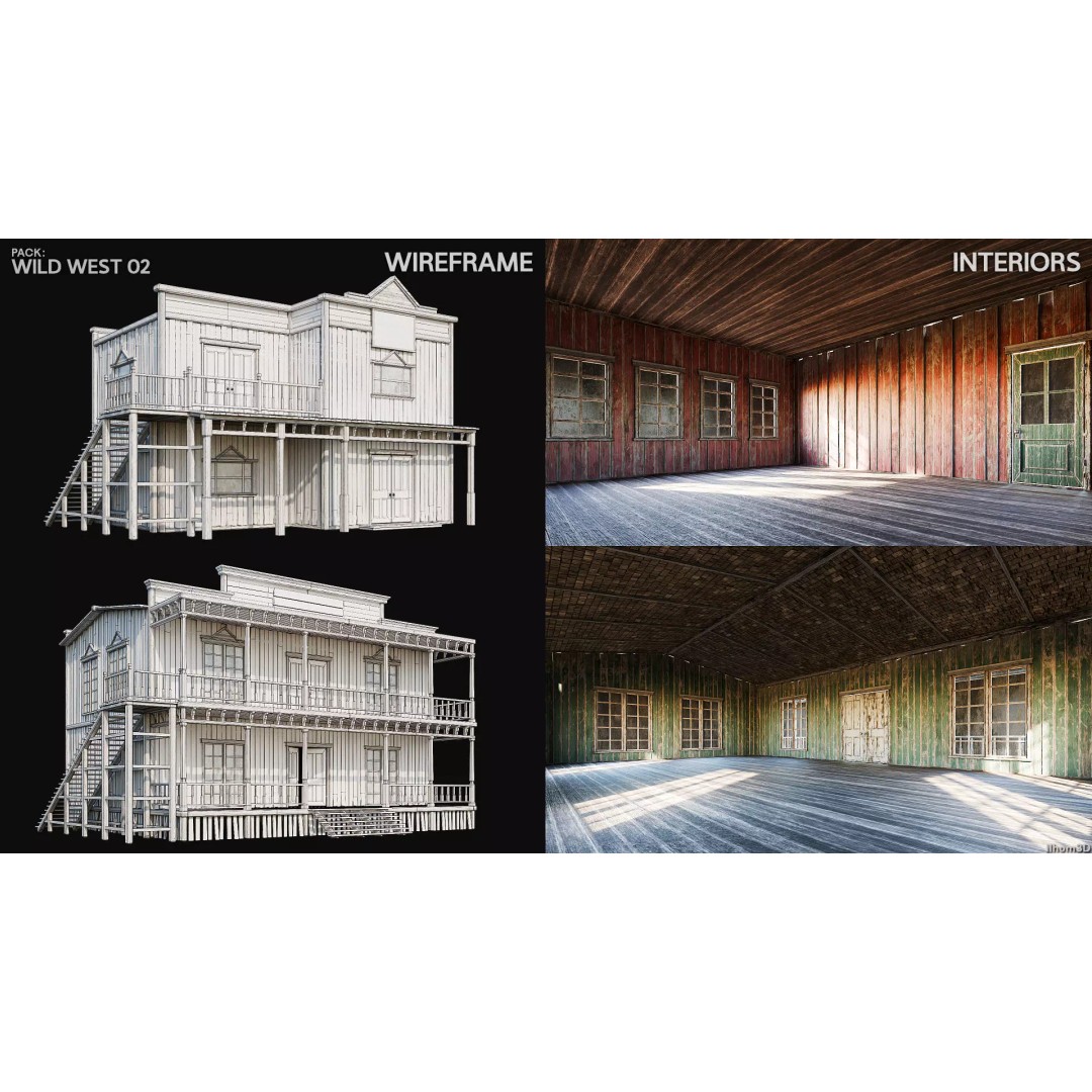 Wild West Buildings 3D Model – Low Poly Historic Set with PBR Textures - View 3