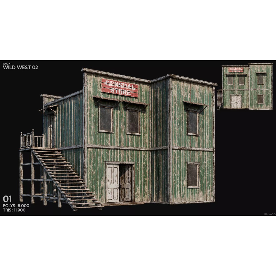Wild West Buildings 3D Model – Low Poly Historic Set with PBR Textures - View 4