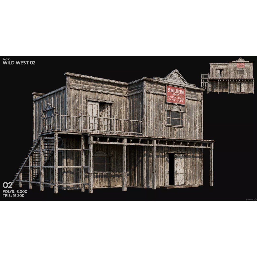 Wild West Buildings 3D Model – Low Poly Historic Set with PBR Textures - View 5