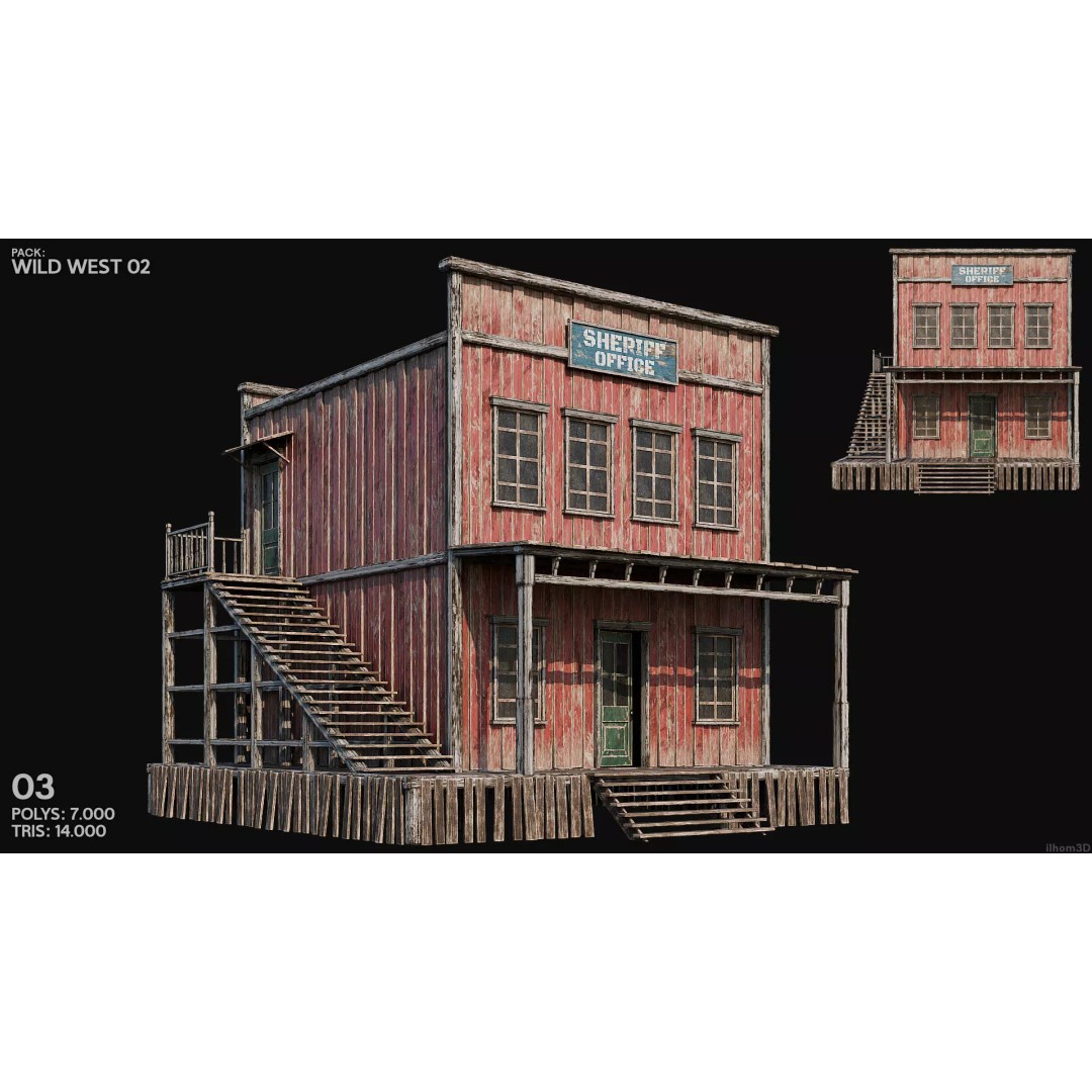 Wild West Buildings 3D Model – Low Poly Historic Set with PBR Textures - View 6