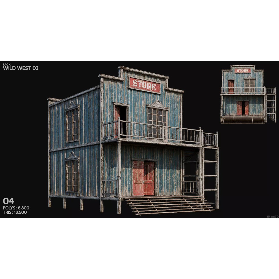 Wild West Buildings 3D Model – Low Poly Historic Set with PBR Textures - View 7