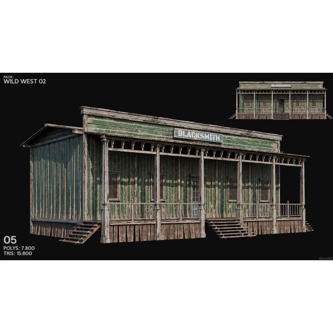 Wild West Buildings 3D Model – Low Poly Historic Set with PBR Textures - View 8