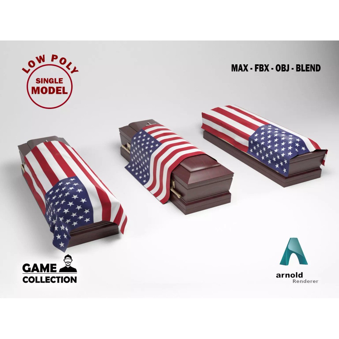 Coffins 3D Model – Low Poly Collection with Flags, FBX & OBJ - View 2