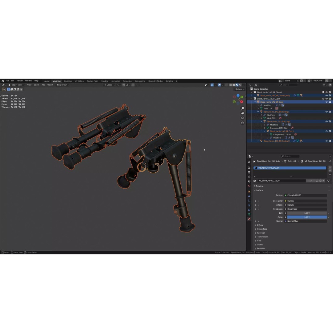 Harris Bipod 3D Model – Low Poly Game-Ready Asset, FBX, OBJ, Blender