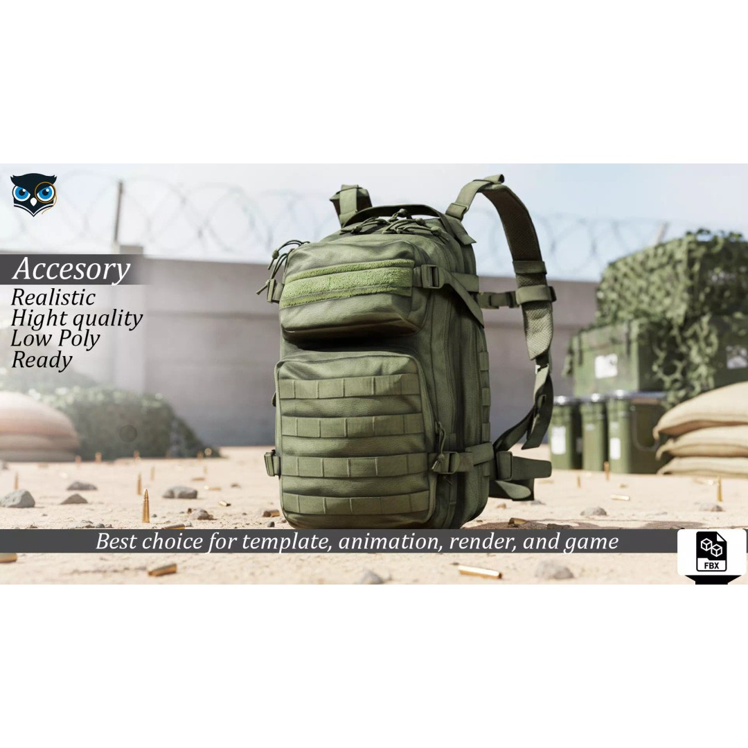 Military Tactical Assault Pack 3D Model – Low Poly Olive Drab Backpack, FBX - View 17