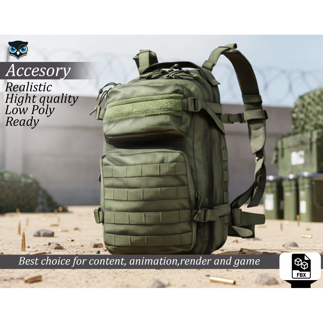 Military Tactical Assault Pack 3D Model – Low Poly Olive Drab Backpack, FBX - View 2