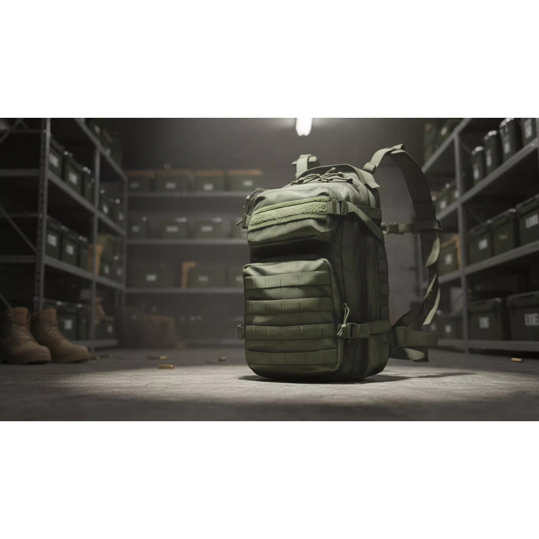 Military Tactical Assault Pack 3D Model – Low Poly Olive Drab Backpack, FBX - View 3