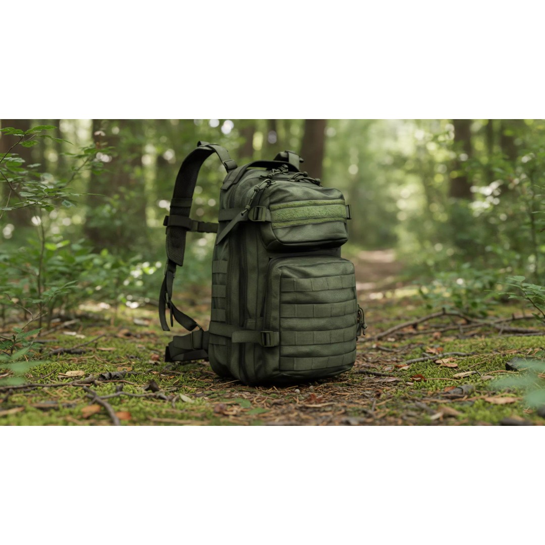 Military Tactical Assault Pack 3D Model – Low Poly Olive Drab Backpack, FBX - View 4