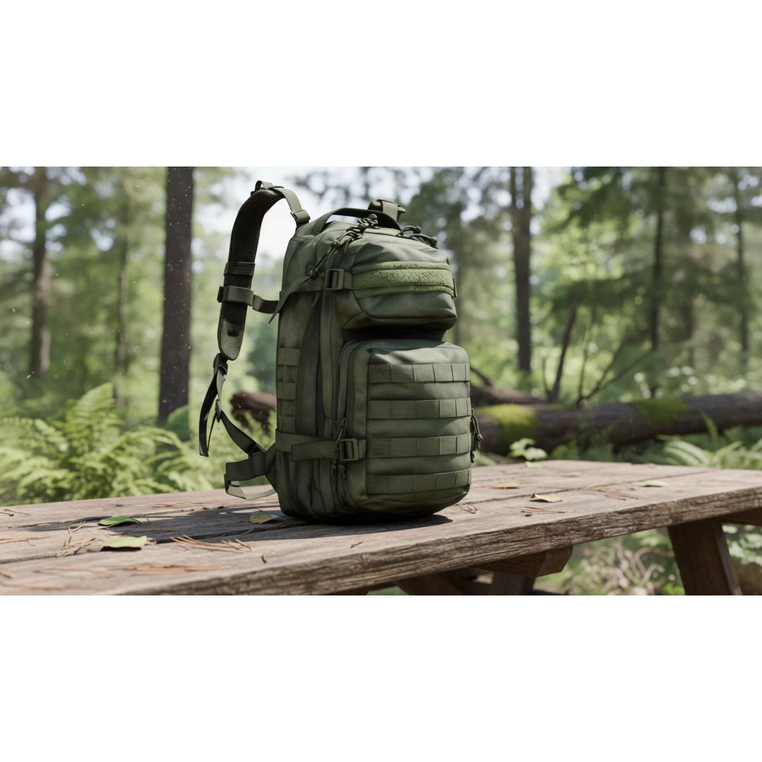 Military Tactical Assault Pack 3D Model – Low Poly Olive Drab Backpack, FBX - View 5