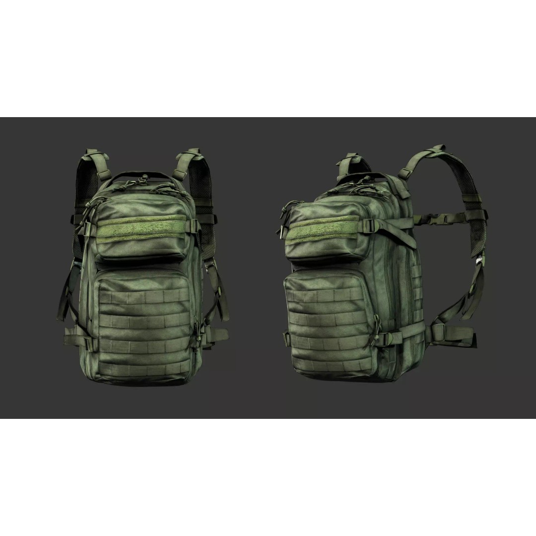 Military Tactical Assault Pack 3D Model – Low Poly Olive Drab Backpack, FBX - View 6