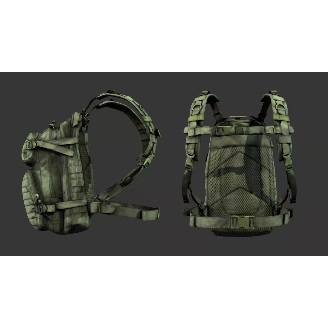 Military Tactical Assault Pack 3D Model – Low Poly Olive Drab Backpack, FBX - View 7