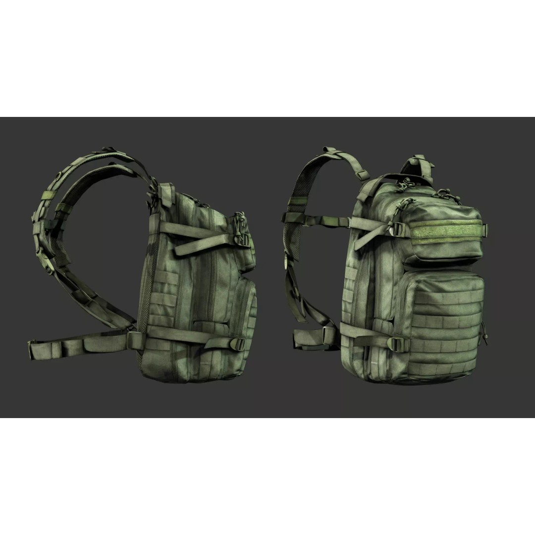 Military Tactical Assault Pack 3D Model – Low Poly Olive Drab Backpack, FBX - View 8