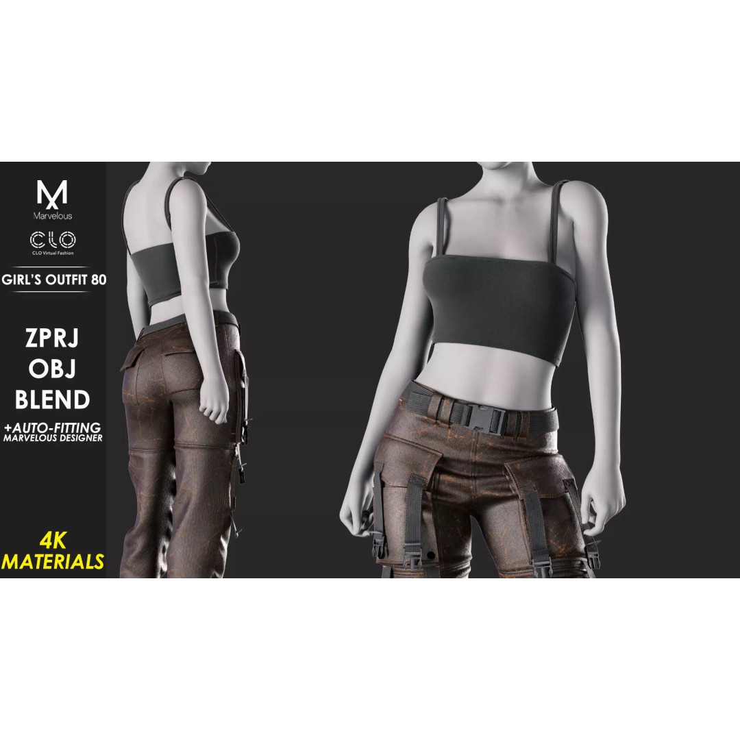 Girls Outfit 3D Model – Military Style Clothing, PBR Textures, FBX - View 2