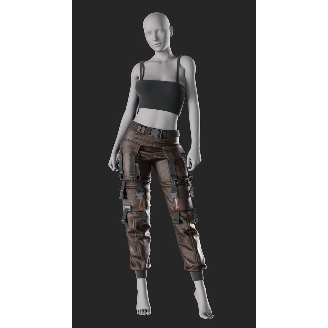 Girls Outfit 3D Model – Military Style Clothing, PBR Textures, FBX - View 3