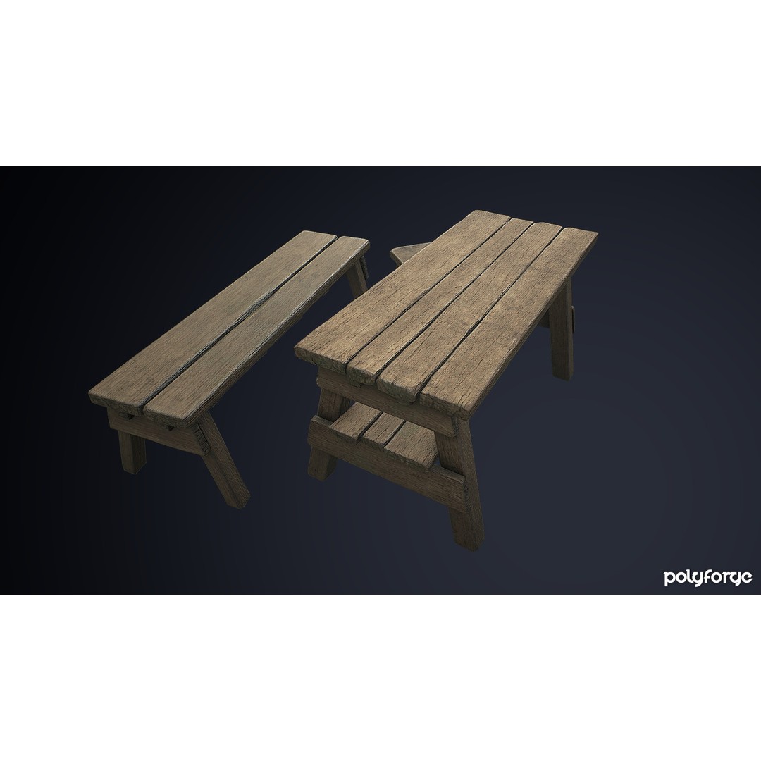 Rustic Wooden Trestle Table 3D Model – Low Poly Game Asset, FBX & OBJ