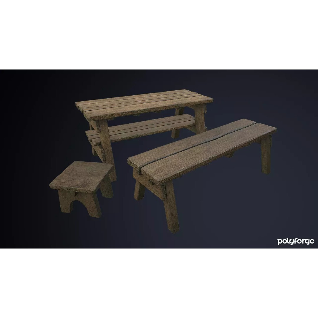 Rustic Wooden Trestle Table 3D Model – Low Poly Game Asset, FBX & OBJ - View 2