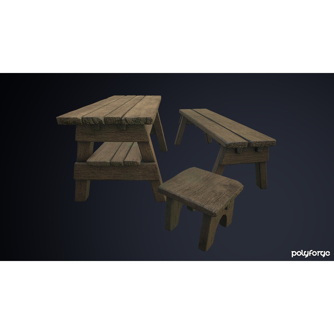 Rustic Wooden Trestle Table 3D Model – Low Poly Game Asset, FBX & OBJ - View 3