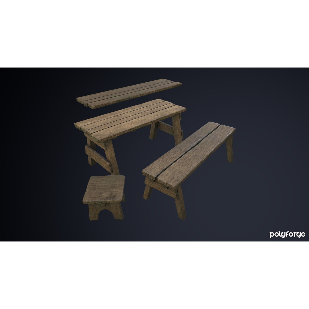 Rustic Wooden Trestle Table 3D Model – Low Poly Game Asset, FBX & OBJ - View 4