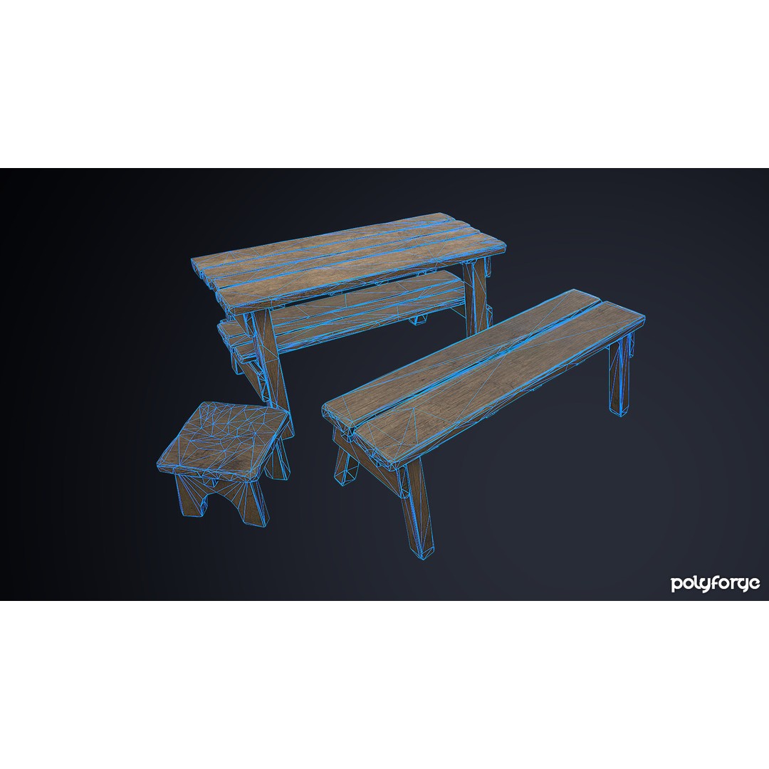 Rustic Wooden Trestle Table 3D Model – Low Poly Game Asset, FBX & OBJ - View 5