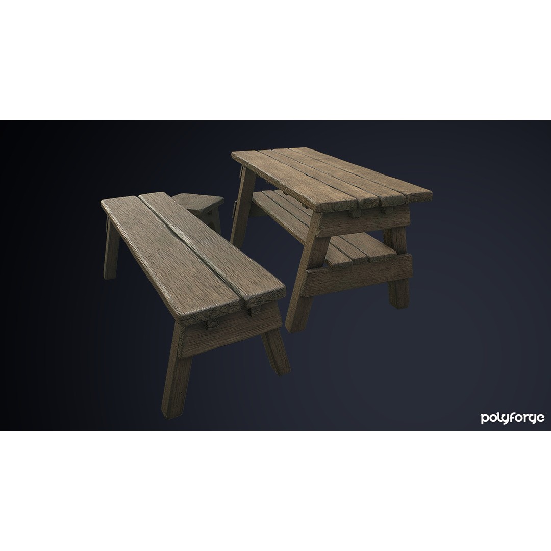 Rustic Wooden Trestle Table 3D Model – Low Poly Game Asset, FBX & OBJ - View 6