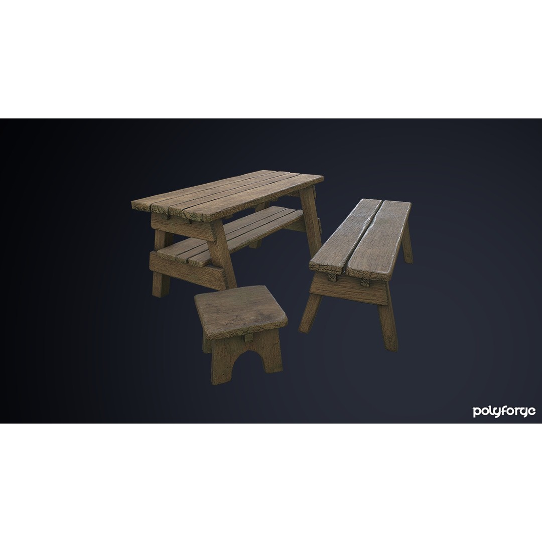 Rustic Wooden Trestle Table 3D Model – Low Poly Game Asset, FBX & OBJ - View 7