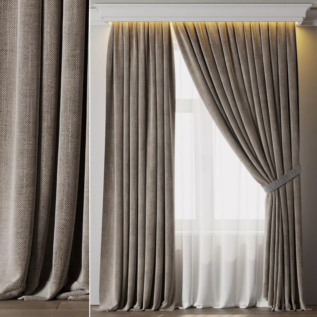 Low Width Curtains 3D Model – Classic Low-Poly Fabric Covering, FBX - View 2