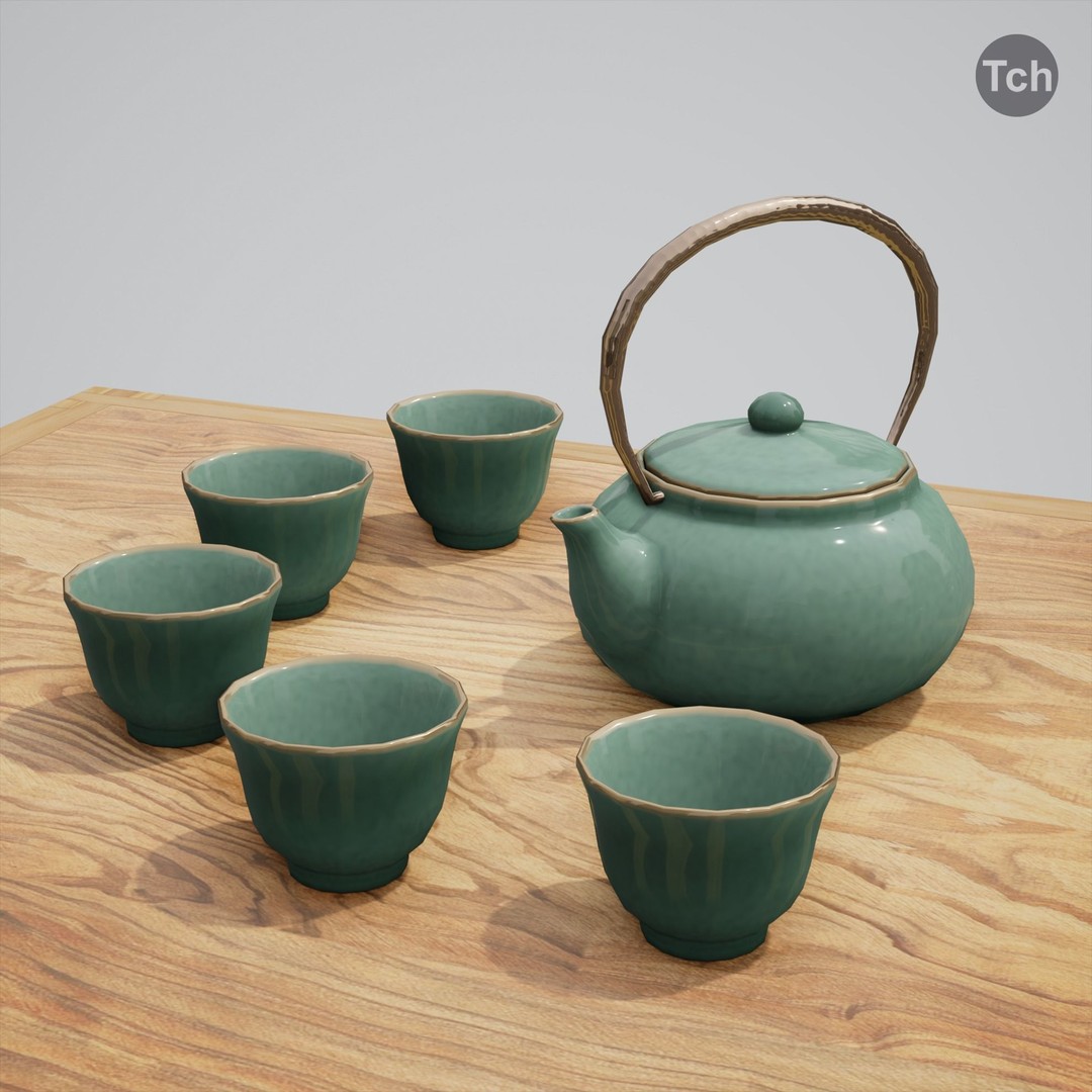 Green Table Group 3D Model – Asian Style Low Poly Furniture Set, FBX - View 10