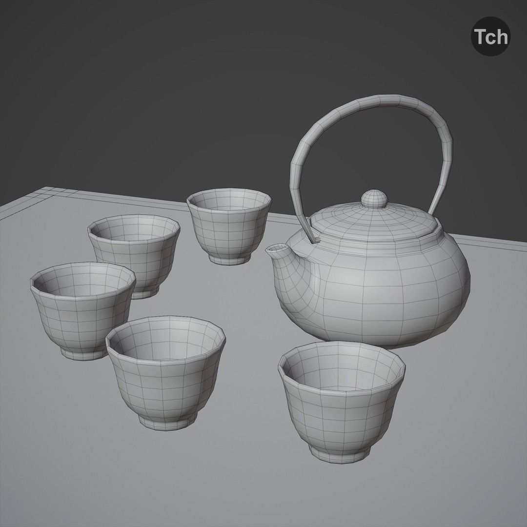Green Table Group 3D Model – Asian Style Low Poly Furniture Set, FBX - View 11