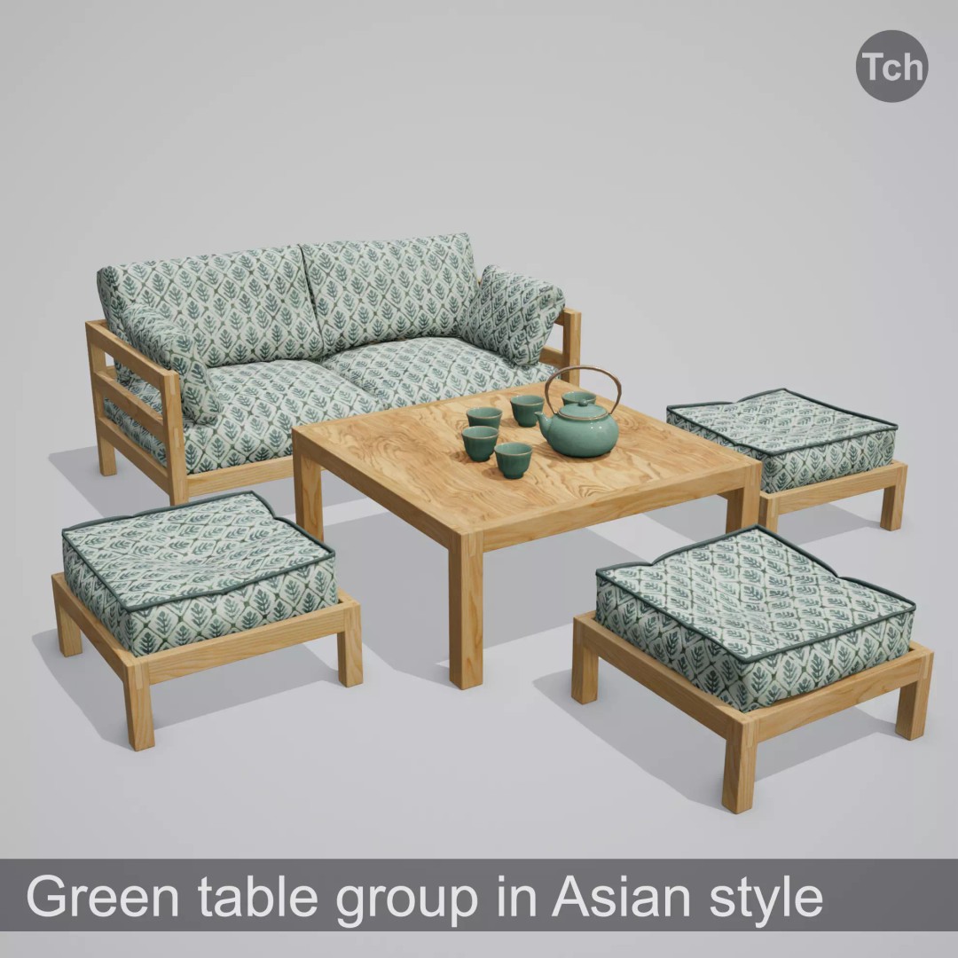 Green Table Group 3D Model – Asian Style Low Poly Furniture Set, FBX - View 2