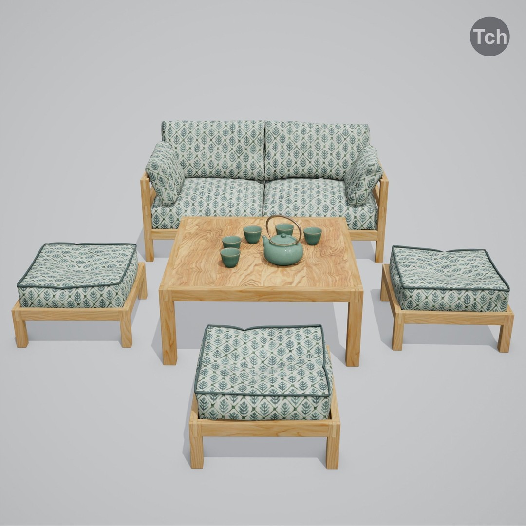 Green Table Group 3D Model – Asian Style Low Poly Furniture Set, FBX - View 3