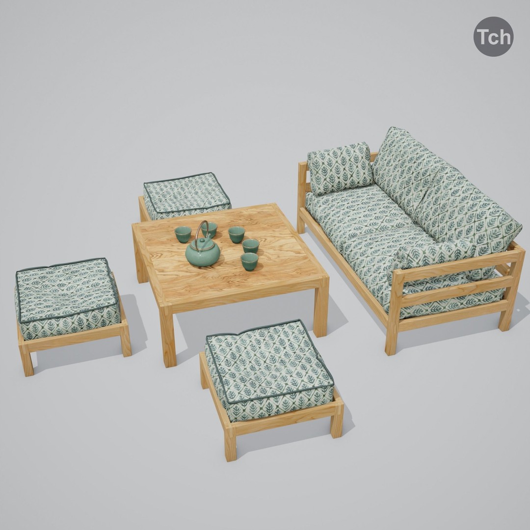 Green Table Group 3D Model – Asian Style Low Poly Furniture Set, FBX - View 4