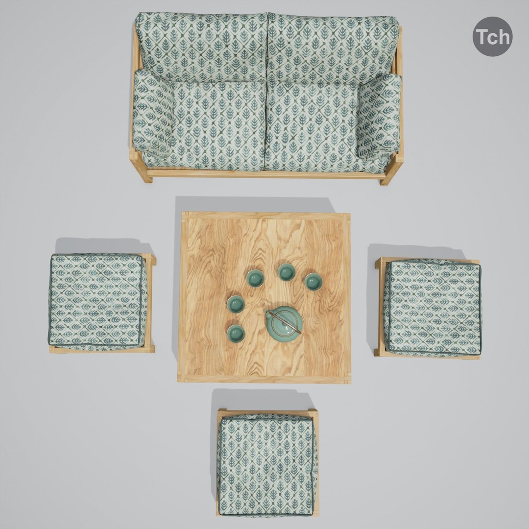 Green Table Group 3D Model – Asian Style Low Poly Furniture Set, FBX - View 5