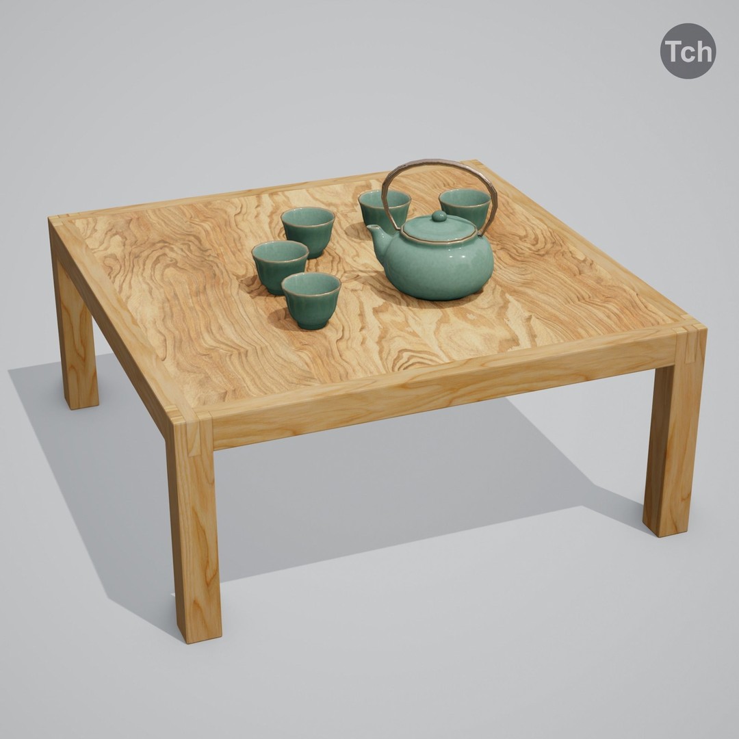 Green Table Group 3D Model – Asian Style Low Poly Furniture Set, FBX - View 8