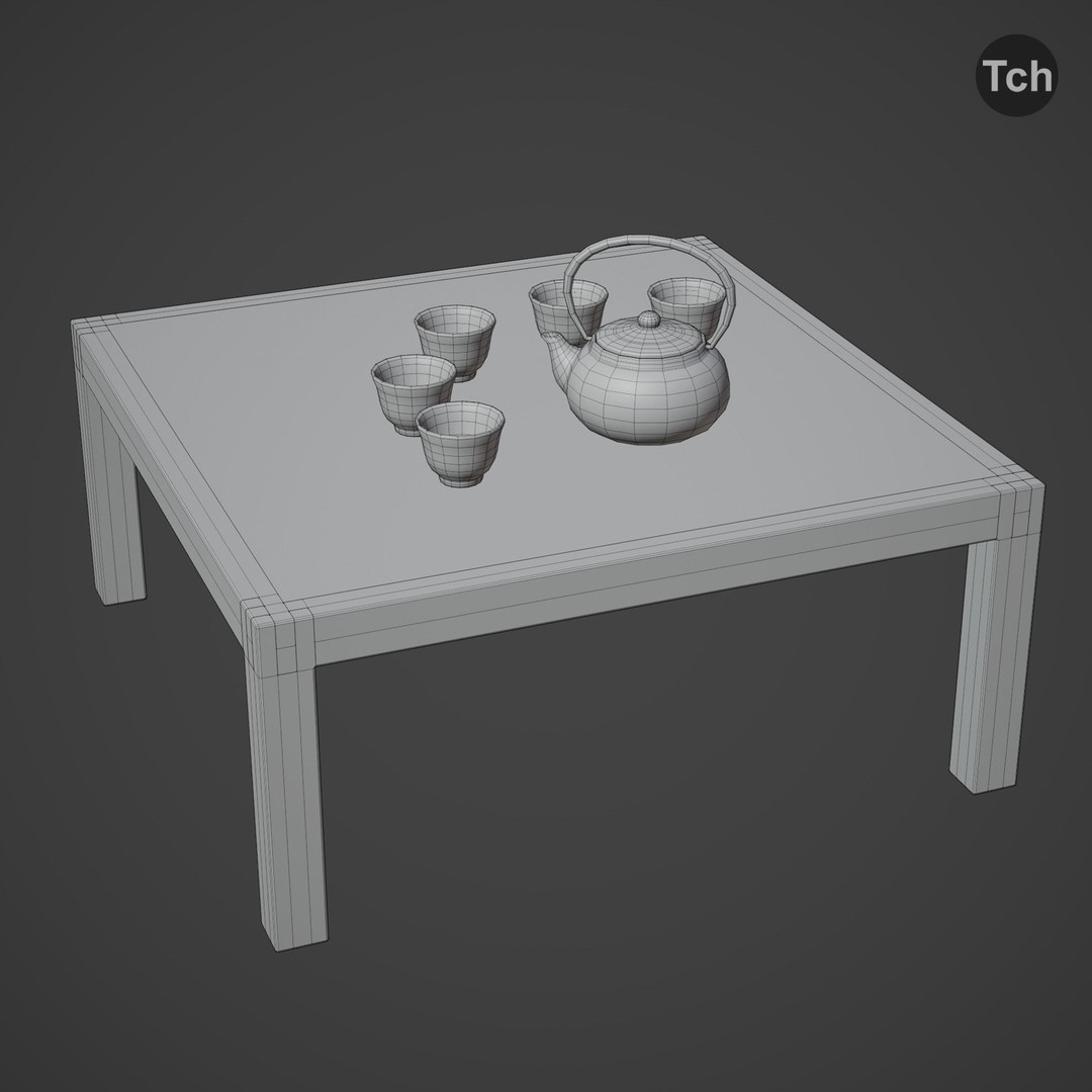 Green Table Group 3D Model – Asian Style Low Poly Furniture Set, FBX - View 9