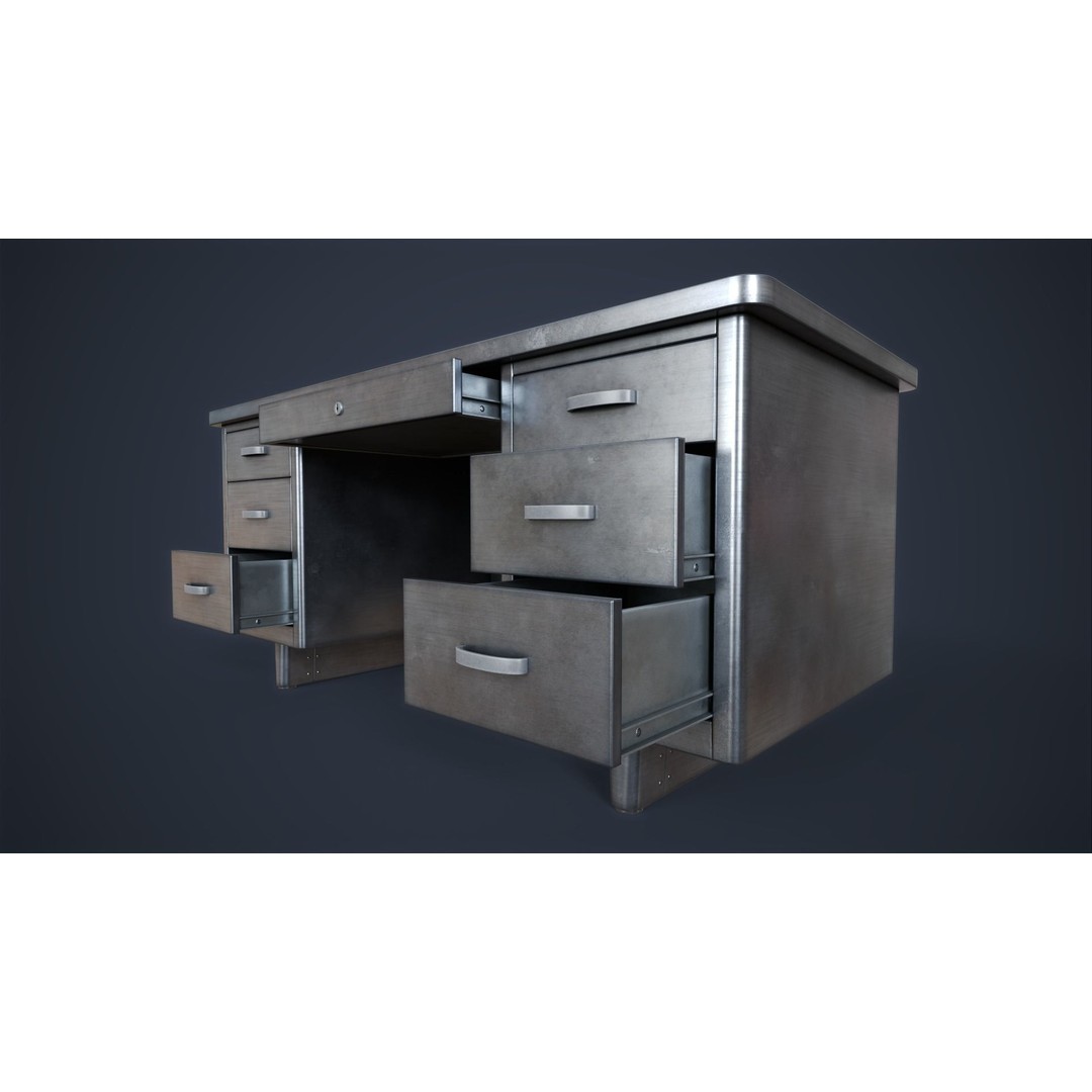 Retro Metal Office Desk 3D Model – Low Poly Game Ready, FBX, OBJ - View 18
