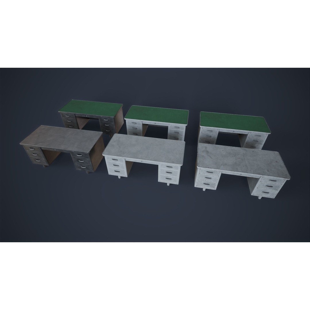 Retro Metal Office Desk 3D Model – Low Poly Game Ready, FBX, OBJ - View 3