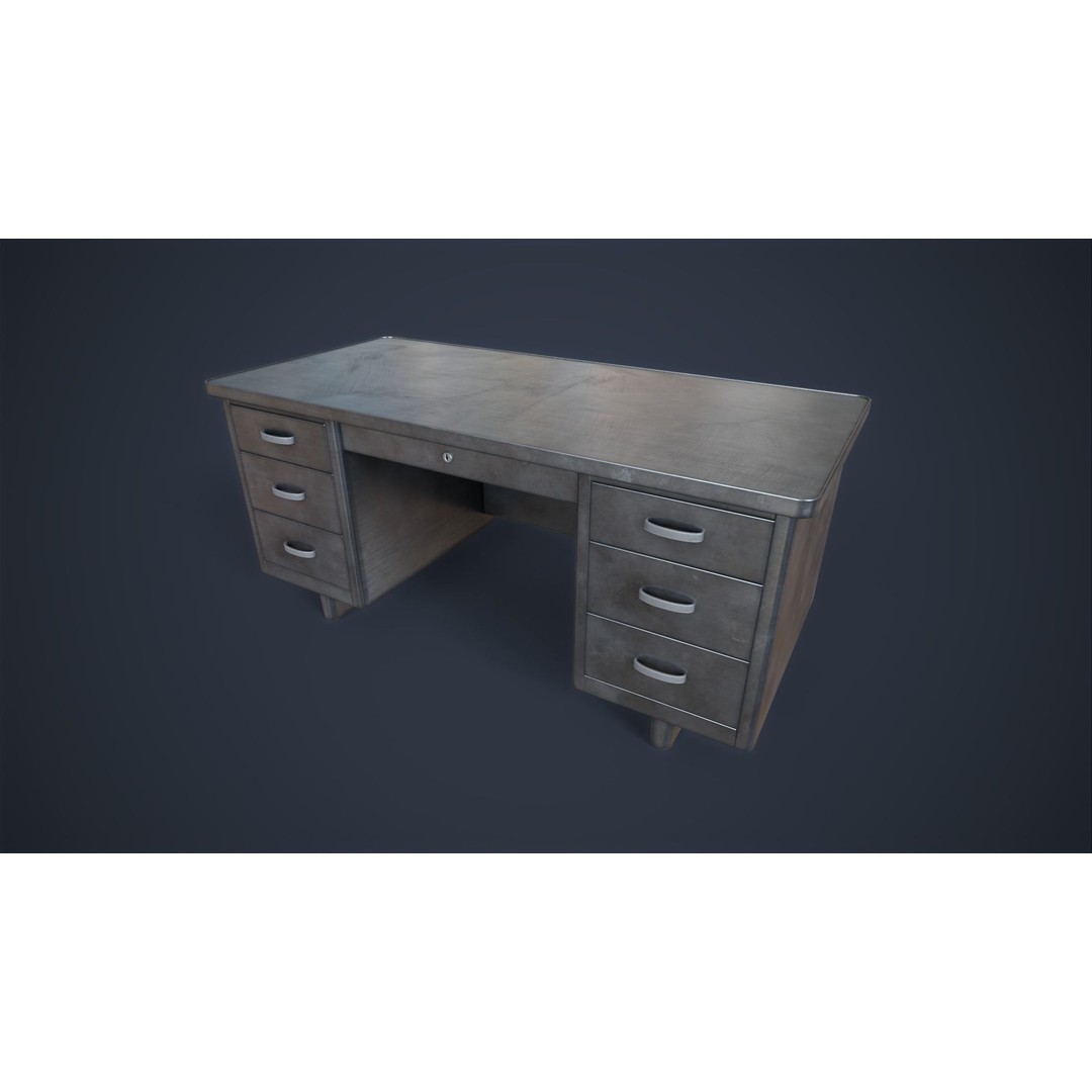 Retro Metal Office Desk 3D Model – Low Poly Game Ready, FBX, OBJ - View 4