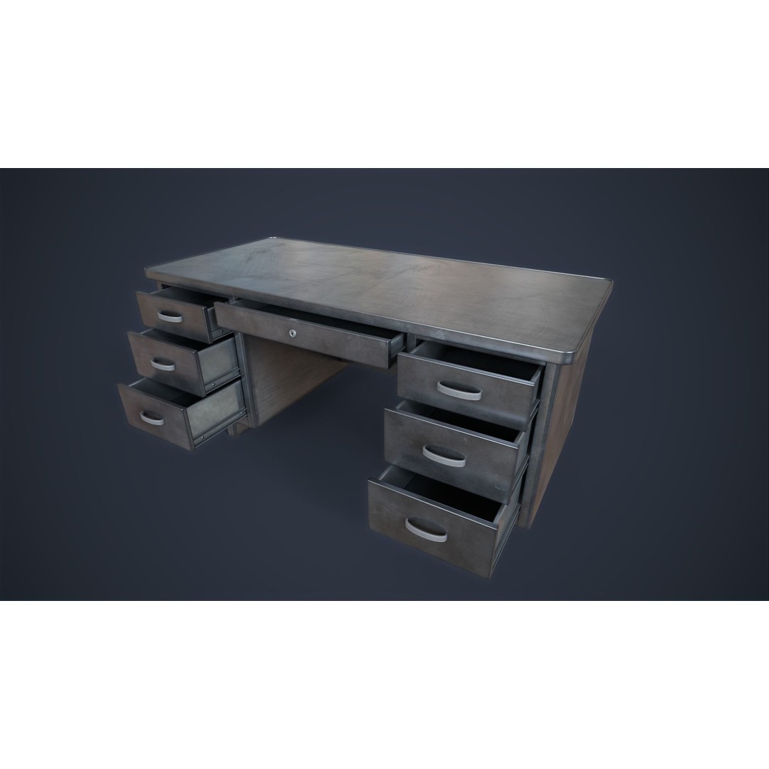 Retro Metal Office Desk 3D Model – Low Poly Game Ready, FBX, OBJ - View 5
