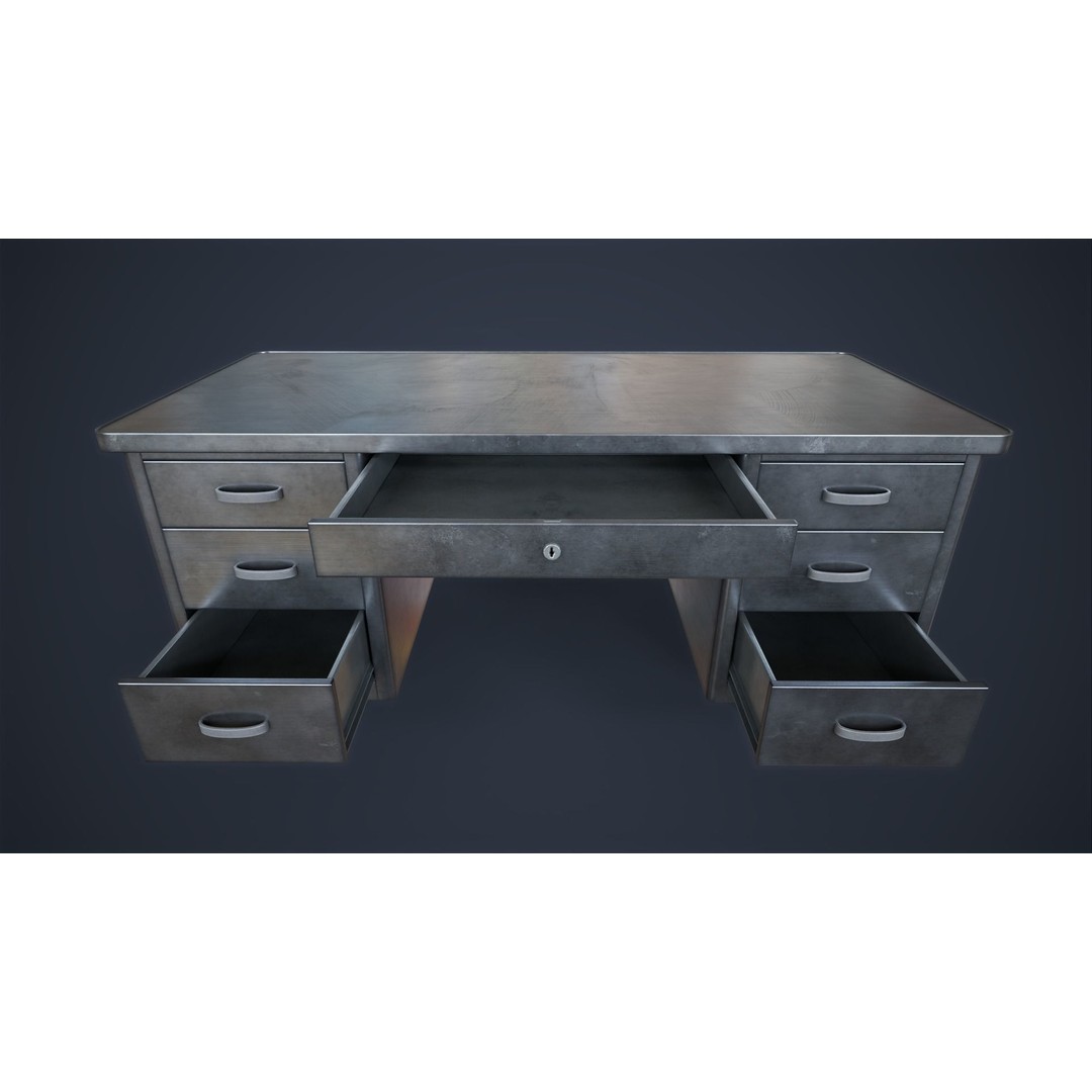 Retro Metal Office Desk 3D Model – Low Poly Game Ready, FBX, OBJ - View 6
